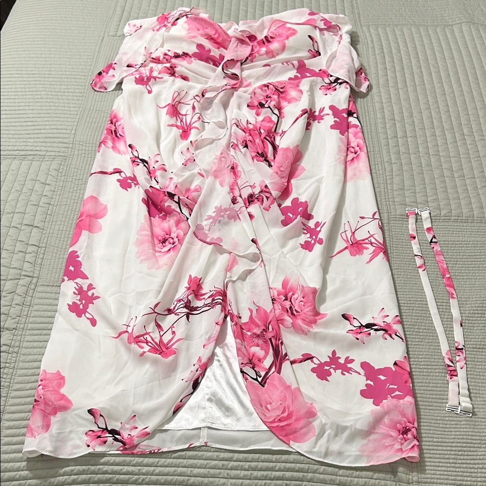 City Chic Strapless Floral Dress - Pink and White